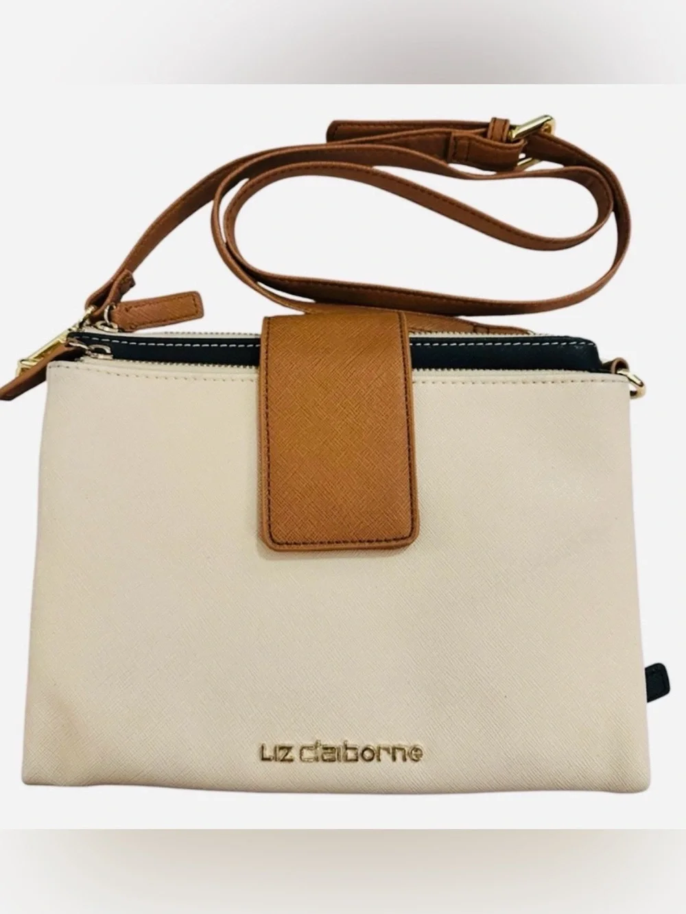 LIZ CLAIBORNE Crossbody Wallet Purse Beige Tan Colorblock Organizer Bag